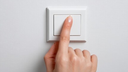Womans hand pressing a white light switch