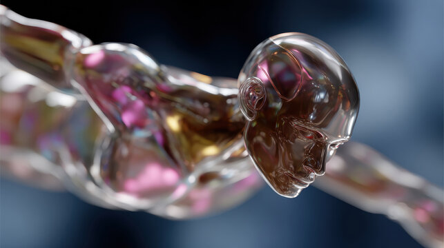 This captivating image shows a sleek, transparent humanoid figure in mid-air, conveying ideas of futurism and advanced technology through its artful design and movement.