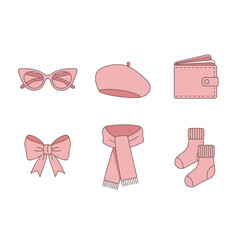 Obraz premium Collection of illustrated fashion accessories and wardrobe essentials in light pink hues