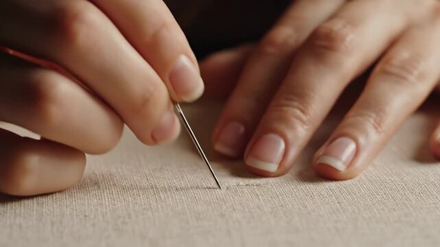 Close up of hands sewing with a needle and thread on fabric.