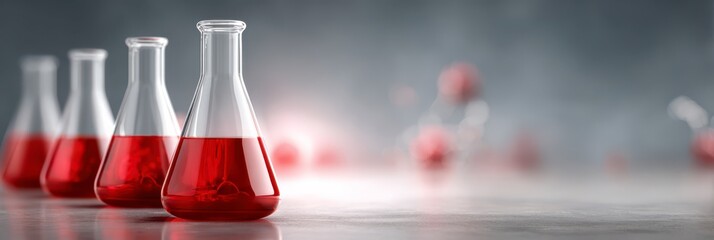 Chemistry Experiment: A series of glass beakers filled with a vibrant red liquid stand in a row. The focus highlights scientific research and laboratory processes.