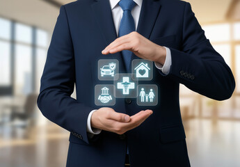Suited man safeguarding insurance icons. Ideal for financial or insurance related concepts, presentations, websites, and marketing materials emphasizing protection.