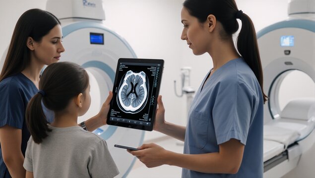 Pediatric neurologist discusses MRI results with parents and child using tablet explaining brain scan findings in a hospital consultation for wellness