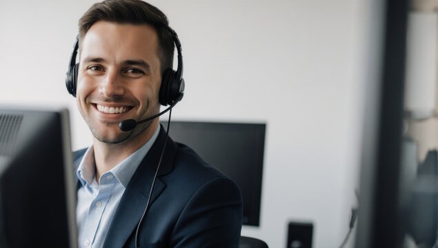 Professional customer service agent with friendly expression and headset providing support in communication technology