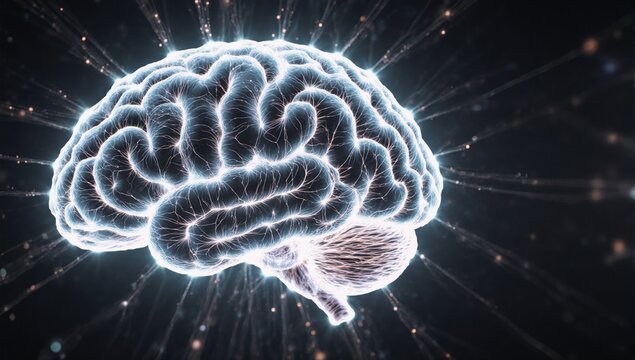 An abstract illustration showcases a glowing human brain with interconnected lines and nodes