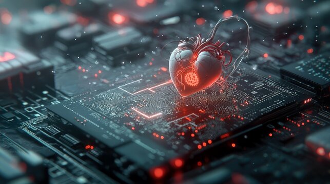 A futuristic concept image of a human heart on a circuit board, with glowing red accents, symbolizing the intersection of technology and healthcare.