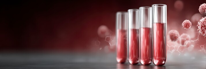 Science of Blood Analysis: A row of glass test tubes holding vivid red liquid, possibly blood samples, stands against a deep red background. The image evokes scientific inquiry and medical research.