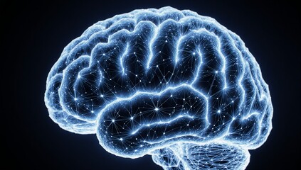 A digital 3D render showcases the wireframe structure of a human brain featuring blue geometric connections
