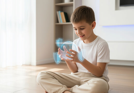 Young boy fascinated by digital globe with shields, suitable for educational materials on world protection, technology, and global awareness.