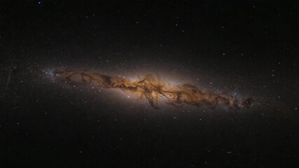 Close-up view of a large galaxy showcasing swirling cosmic dust and stars set against a dark backdrop with luminous highlights captured through various stages of celestial movement and changes in