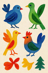 Obraz premium Set of cute abstract birds, watercolor isolated illustration fantasy characters for your cartoon design.