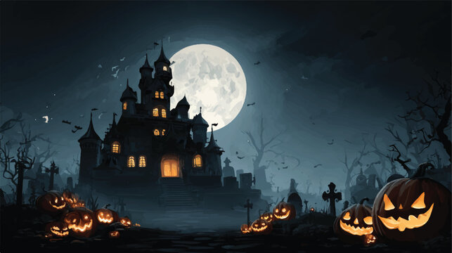 Spooky Halloween Night with Haunted Castle and Glowing Jack O Lanterns - Powered by Adobe