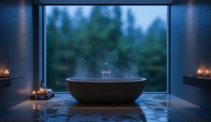 Relaxing soak in a serene bathroom with a view of nature on a tranquil evening