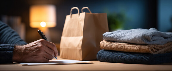 Person writing on paper at wooden table with folded sweaters and paper shopping bag in cozy indoor setting with warm lamp light