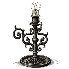 Ornate metal candlestick with dripping wax candle
