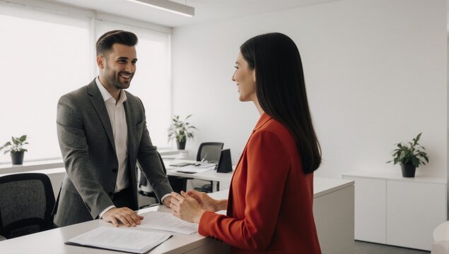 Man in gray blazer attentively listening at reception desk during a customer service interaction with woman in red