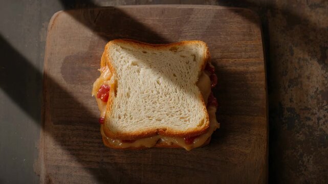 Top-down view of a peanut butter and jelly sandwich on a wooden cutting board with natural light casting soft shadows showcasing its golden brown crust and vibrant filling in a cozy kitchen setting