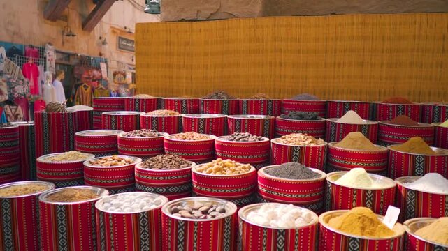 Wide angle shot of Colorful spices at a traditional market in Al Seef, Dubai, United Arab Emirates. Various spices being sold at a stall in the old marketplace at Dubai. Vibrant Spice Market. 