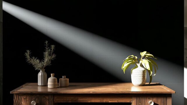 Elegant wooden table adorned with minimal decorative elements featuring soft natural light streaming through highlighting the textures of the objects and creating shadows against a dark background