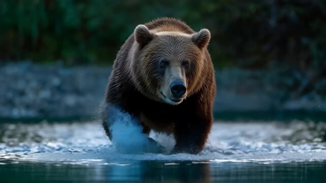 オーロラの下、月夜の川でサケを捕らえるヒグマ