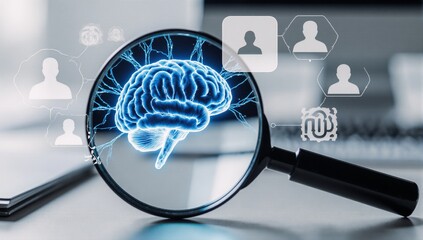 Magnifying glass reveals glowing brain image over talent acquisition icons