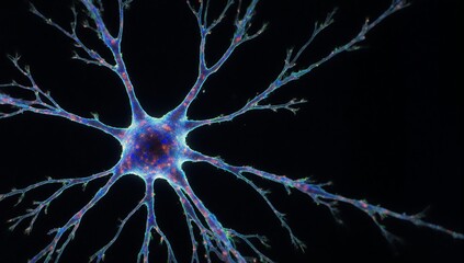 Display of intricate neuron cell with dendrites and axons depicting a complex neural network on dark background signifying brain activity intelligence communication and neurological processes
