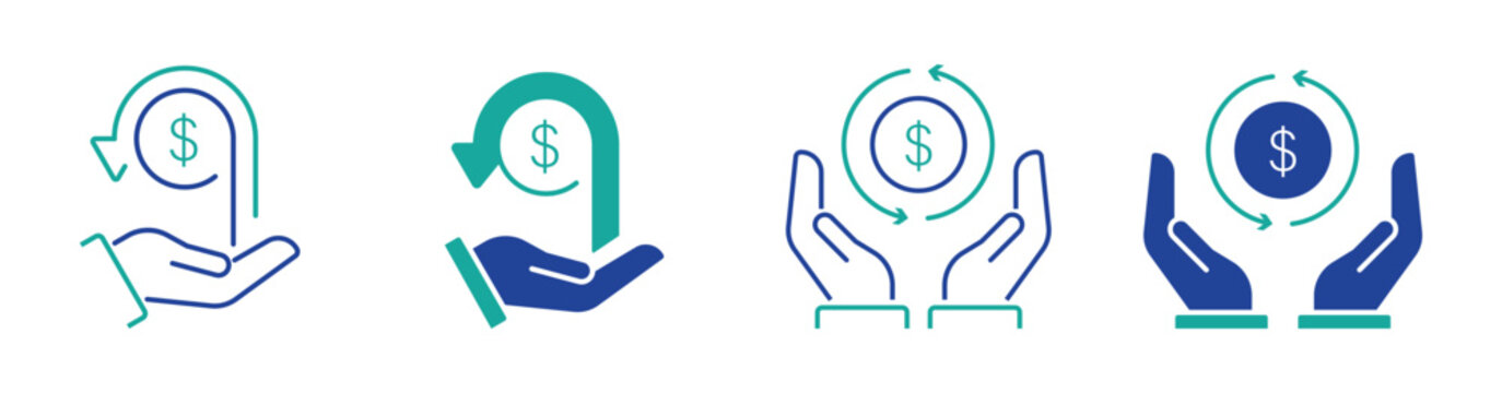 Cashback icon set with money refund symbols, featuring a hand receiving returned money and return on investment concepts &ndash; stock vector illustration.