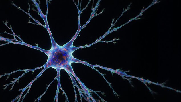 Display of intricate neuron cell with dendrites and axons depicting a complex neural network on dark background signifying brain activity intelligence communication and neurological processes