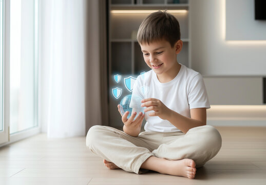 Smiling boy sits cross legged holding a glowing globe with shield icons. Ideal for education, global concepts, protection, and diversity themes. A cheerful boy holds a radiant globe with shield icons.