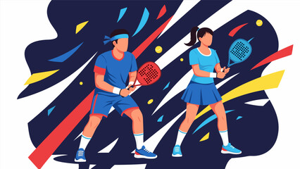 Dynamic illustration of male and female athletes passionately engaged in a competitive racket sport, showcasing teamwork and athletic prowess in a vibrant, energetic match