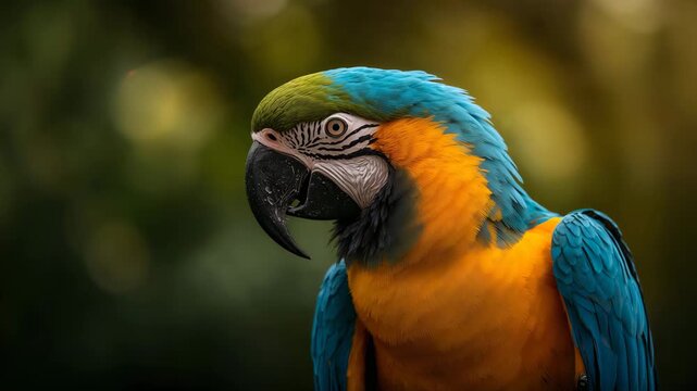 Close-up of vibrant blue and yellow macaw parrot turning its head displaying detailed feathers surrounded by blurred natural greenery illuminated by soft light showcasing textures and colors