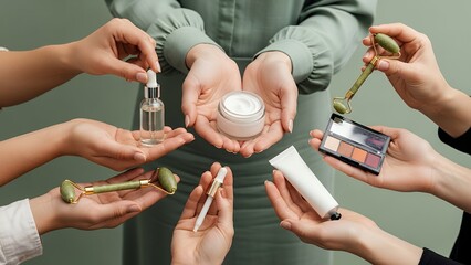 Group of People Applying Skincare Products with Makeup and Beauty Tools in Professional Setting