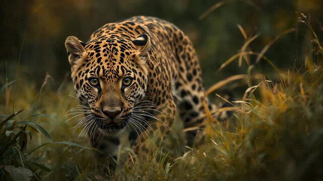 Leopard prowling through lush grass showcasing detailed spots and vivid green eyes captured in soft natural light with blurred foliage in the background highlighting intricate textures of fur and