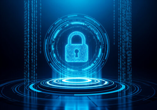 Digital data security concept with padlock on a glowing blue circular platform