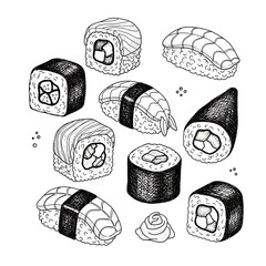 Hand drawn assortment of delicious sushi rolls and nigiri