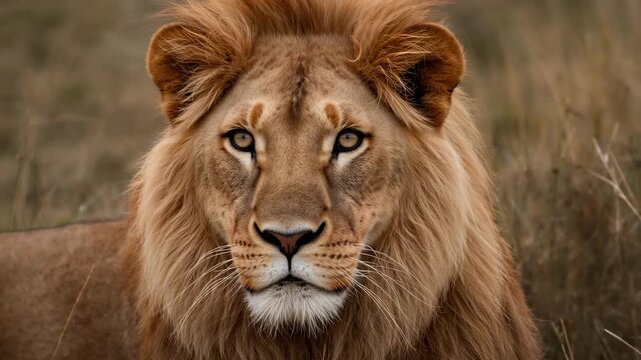 Majestic lion with a thick golden mane gazing intently in a natural grassland environment showcasing detailed features in soft natural light with a blurred background captured in a close-up view