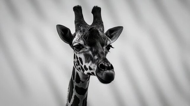 Close-up of a graceful giraffe with distinctive patterns and textures turning its head slightly in a soft-lit gray background with subtle shadows showcasing majestic features and natural beauty
