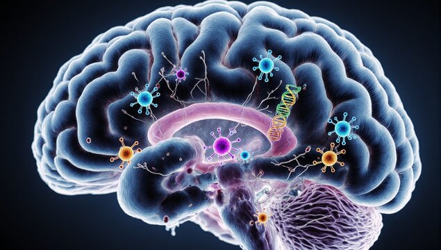A 3D illustration of a human brain cross section showing anatomical details and the presence of a virus with DNA structure