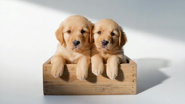 Two fluffy golden retriever puppies resting in a wooden crate against a soft white background with varying lighting creating gentle shadows and highlights throughout the scene