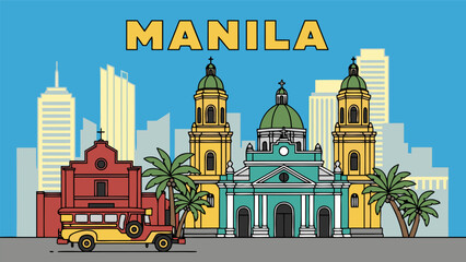 Fototapeta premium Colorful vector illustration of the Manila, Philippines cityscape with famous landmarks like the Cathedral and a traditional Jeepney c