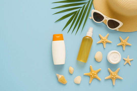 Beach summer essentials sunscreen, hat, starfishes. Perfect for travel brochures, vacation websites, and summer marketing materials. Ideal for summer themed designs. - Powered by Adobe