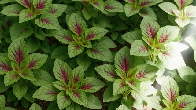 Close-up view of vibrant green plants with striking maroon markings showcasing healthy growth in a well-lit outdoor garden under natural sunlight highlighting textures and colors of the foliage.
