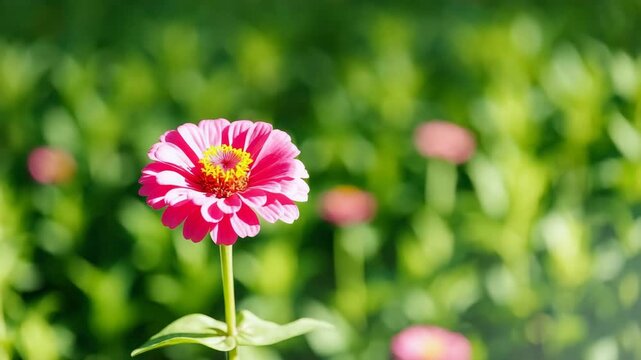 Close-up of vibrant pink zinnia flower blooming against a blurred green background captured in soft natural light showcasing rich colors and textures throughout the video from beginning to end