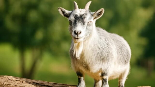 Close-up of playful gray goat standing on a log in a lush green meadow with soft natural light highlighting its features and vibrant surroundings throughout the video duration