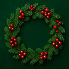 Luxury Christmas evergreen wreath with glossy red berries on emerald velvet texture, inner space empty