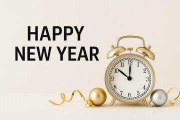 Clock ornaments and happy new year text are perfect for festive new years greeting cards, posters, social media posts, or invitations.