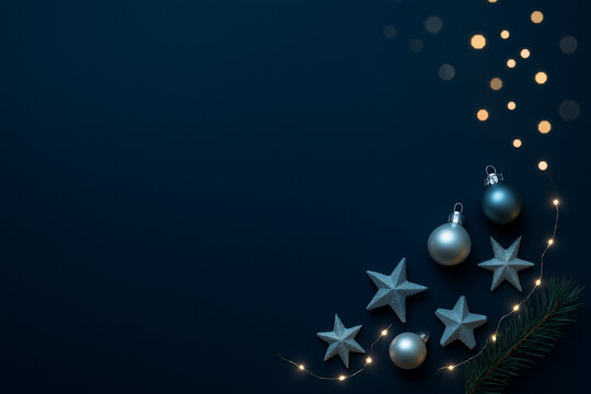 Stars ornaments lights and a fir branch on dark blue. Perfect for holiday designs, christmas cards, festive decorations. Stars, lights, ornaments  fir branch on dark blue background. - Powered by Adobe