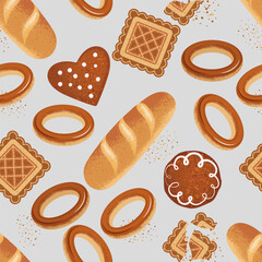 seamless pattern of their bakery products on a light gray background. bakery background with texture. stock vector illustration. EPS 10.