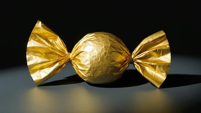 Close-up of a shiny golden wrapped candy on a smooth dark surface showcasing detailed textures and reflections with soft diffused lighting emphasizing its spherical shape and metallic sheen