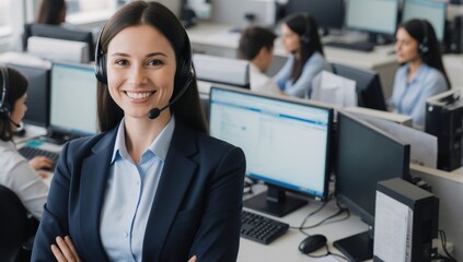 A cheerful customer support agent in a call center is portrayed consulting customers while on the phone showcasing her friendly and professional demeanor